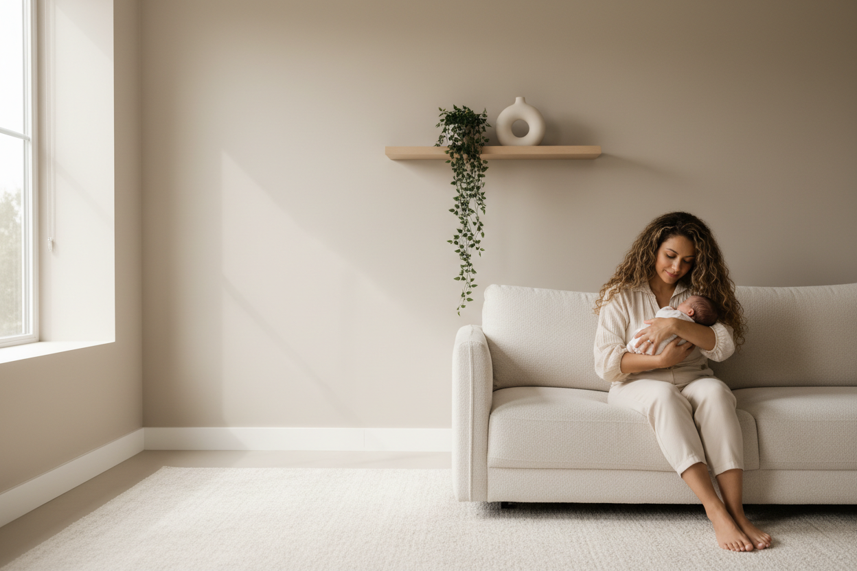 A serene, warm, minimalist living-room scene in soft light beige tones. Create a mixed woman with long curly brown hair sitting on a light cream sofa. She is positioned on the right side of the image, holding a newborn baby against her chest. Soft natural daylight comes from a window on the left side. The background should be clean, modern, and uncluttered, beige walls, simple shelf, one round ceramic vase and a plant that hangs down, leaving plenty of empty space on the left side of the image for text. 